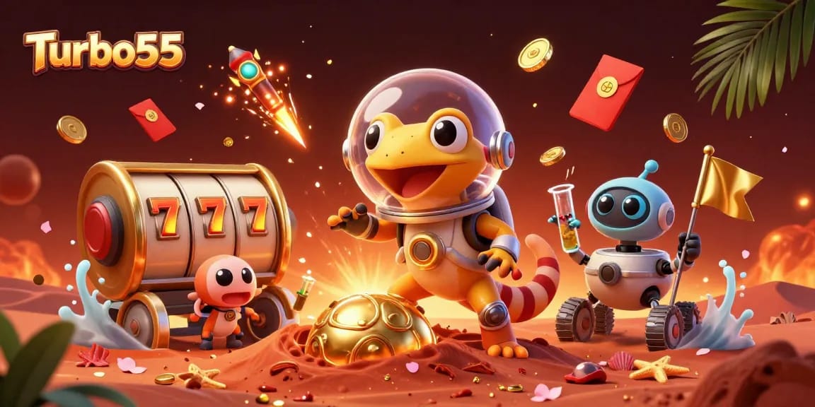 Spin the reels at Turbo55 with a Martian gecko discovering a golden casino on Mars!