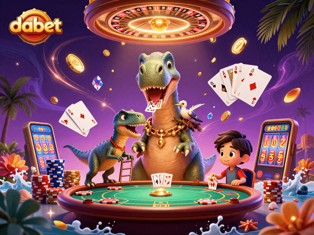 Dabet features a whimsical 3D casino scene with a giant brontosaurus and a raptor dealer, amid vibrant gaming elements.