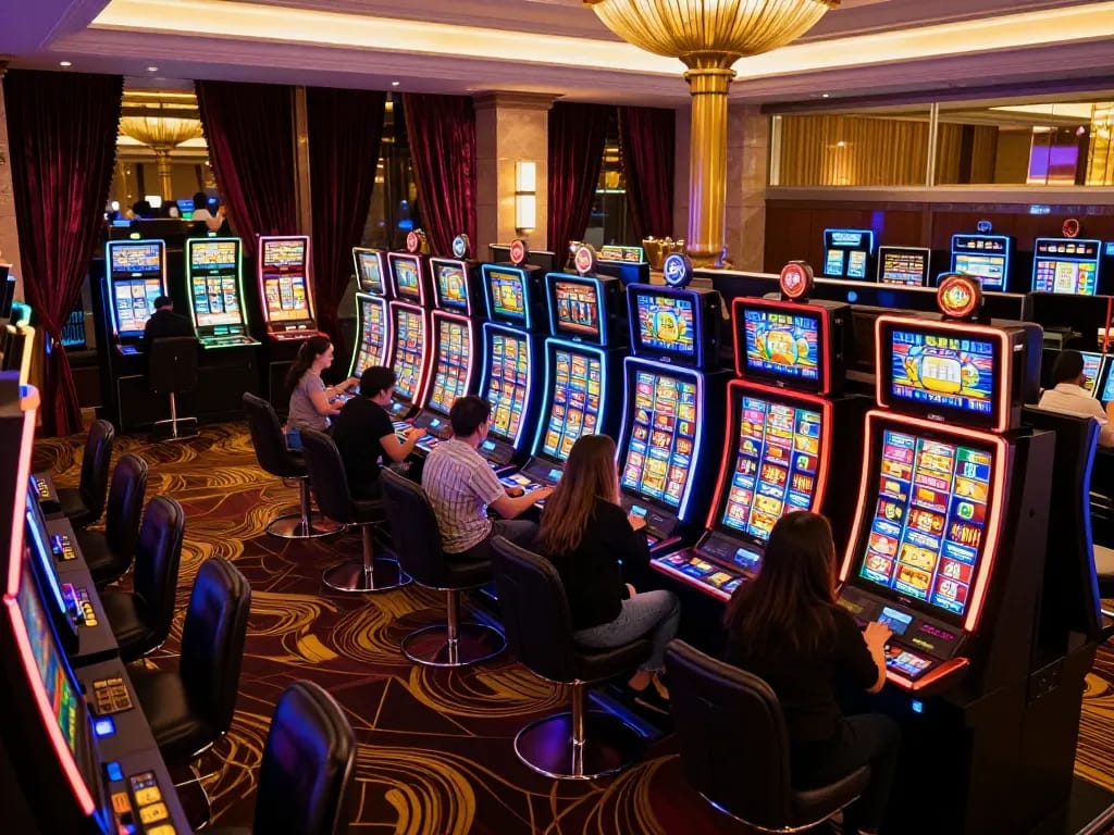 Players enjoying the vibrant slots at 789bet casino, illuminated by colorful neon lights.