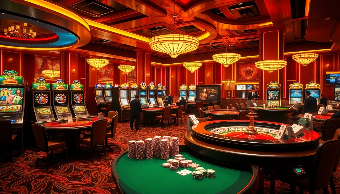 A vibrant casino scene at https://gi8.gr.com/ featuring luxurious tables, animated slot machines, and engaging players in a lively atmosphere.