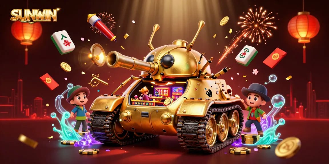 SUNWIN showcases an immersive 3D casino scene featuring a golden beetle tank and festive gaming elements.