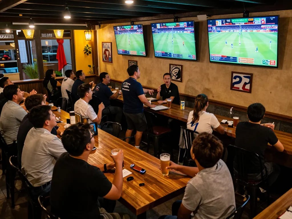 BOM88 patrons engaged in lively sports betting at a vibrant bar during game season.