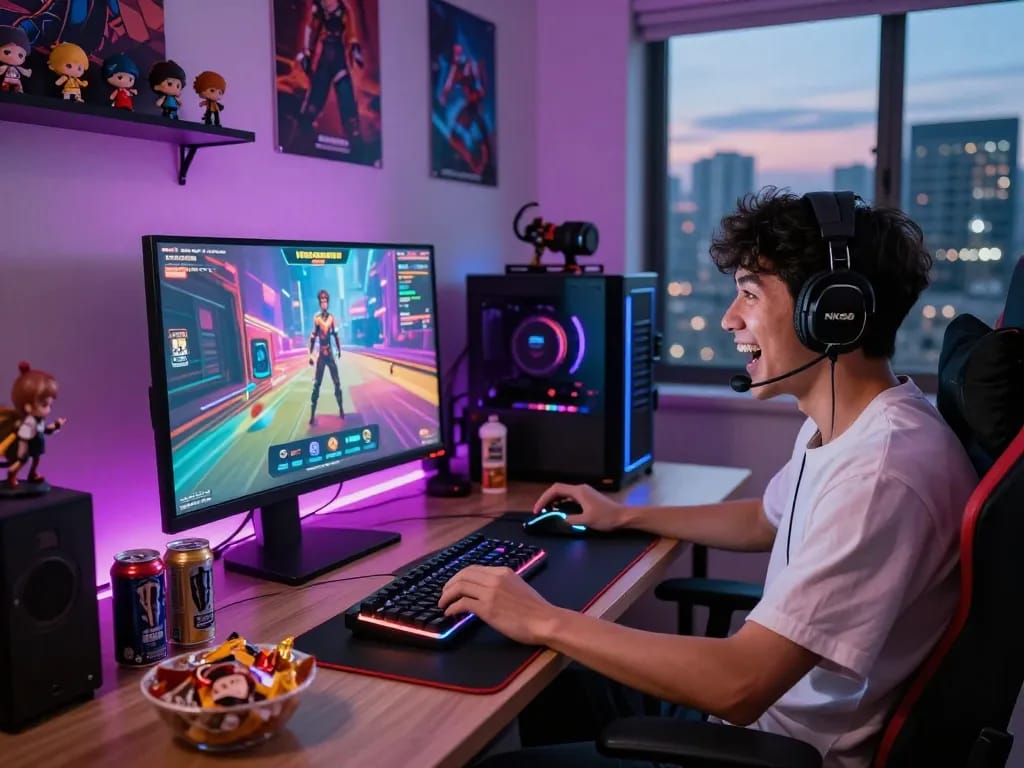 Gamer immersed in NK88 game, colorful setup with vibrant graphics and gaming gear.