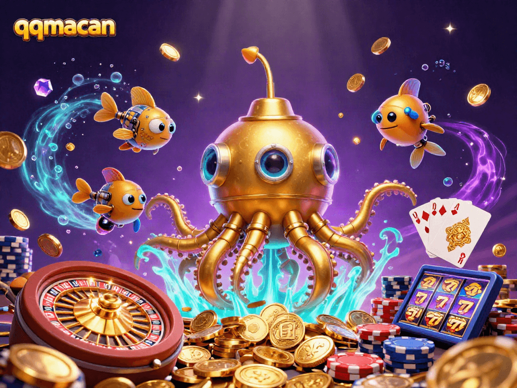 Mainkan qqmacan dengan ilustrasi 3D penuh detail, menampilkan permainan slot dan tumpukan koin emas.