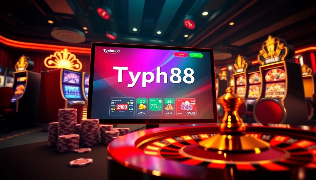 Experience the thrill of Typhu88 with a striking online gambling scene surrounded by classic casino elements.