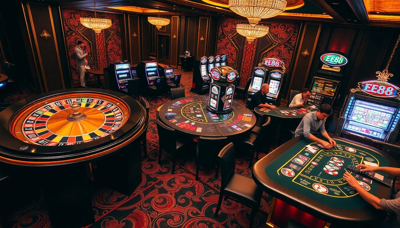 EE88 players enjoying thrilling games at an upscale casino.