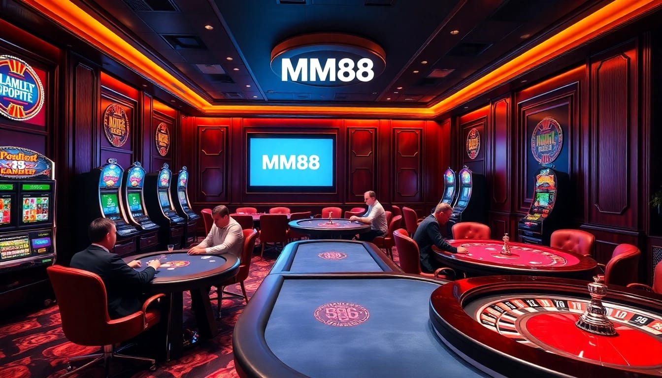 MM88 players enjoying engaging games at a luxurious casino with poker tables and slot machines.