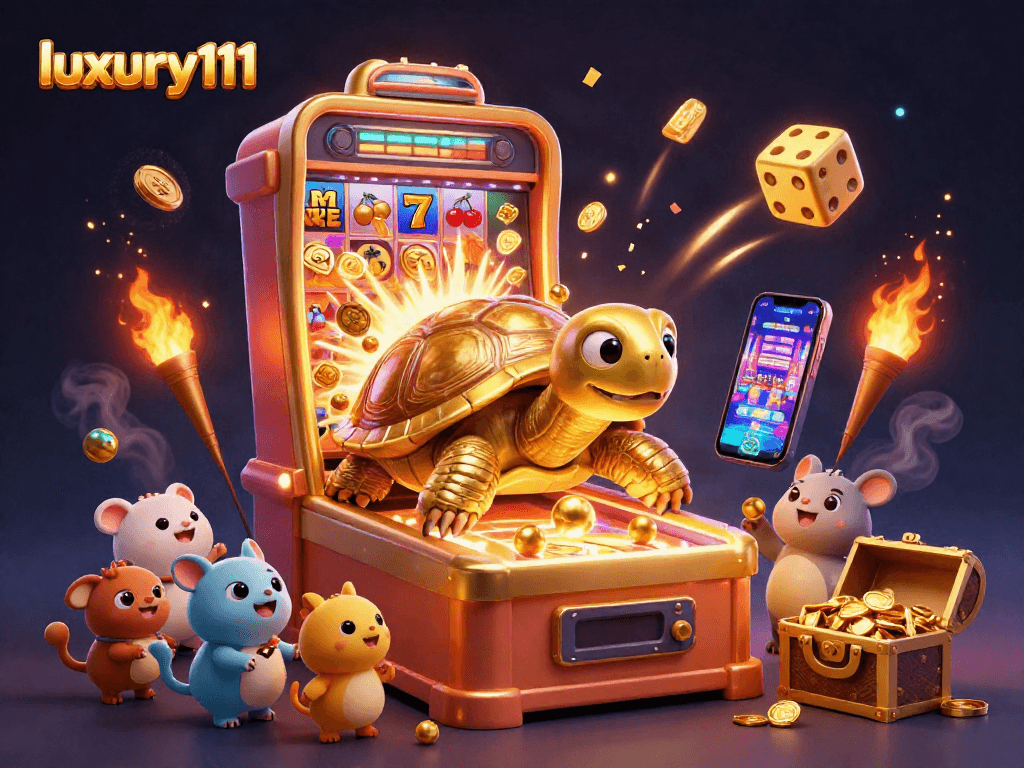 Experience luxury111 with a vibrant scene of a colossal tortoise pinball machine and explosive casino symbols.