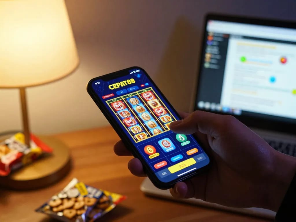 Pengguna CEPAT88 menikmati permainan slot berwarna-warni di smartphone selama sesi permainan di rumah yang nyaman.