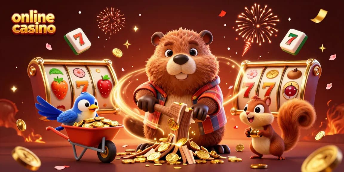 Engaging illustration showcasing fun characters celebrating in an online casino atmosphere, featuring coins and slot machine elements.