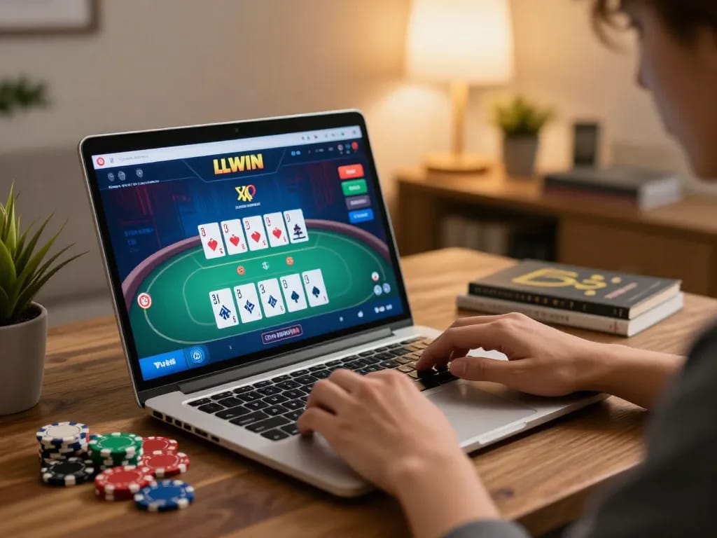 LLWIN user engaged in strategic online poker play at home.