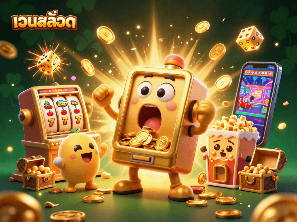 Spin the reels on เว็บสล็อต with a jubilant golden slot machine winning a jackpot!