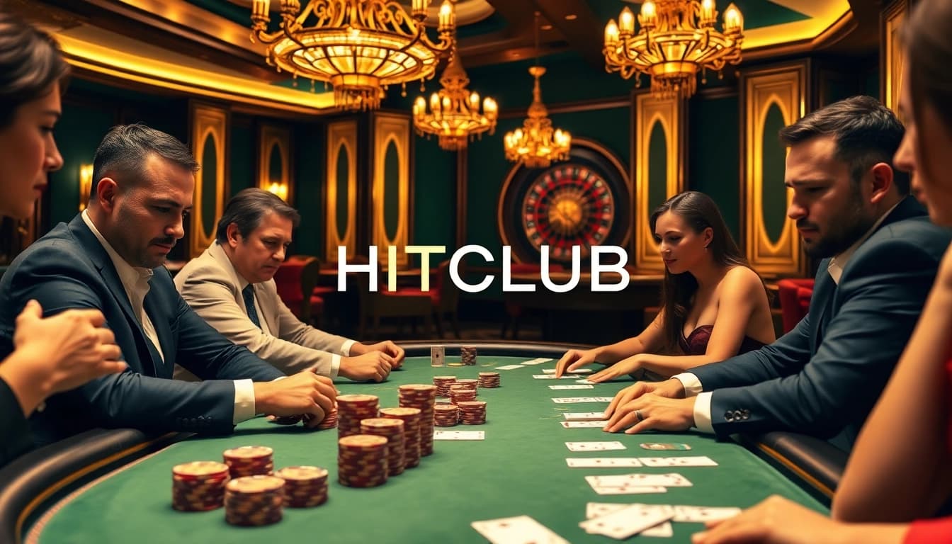 Players at HITCLUB poker table strategizing their next move in a luxurious casino setting.