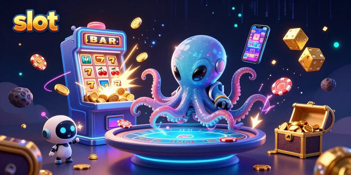 Slot jackpot meriah dengan kecerdasan alien, robot, dan simbol berkilauan dalam aksi permainan.