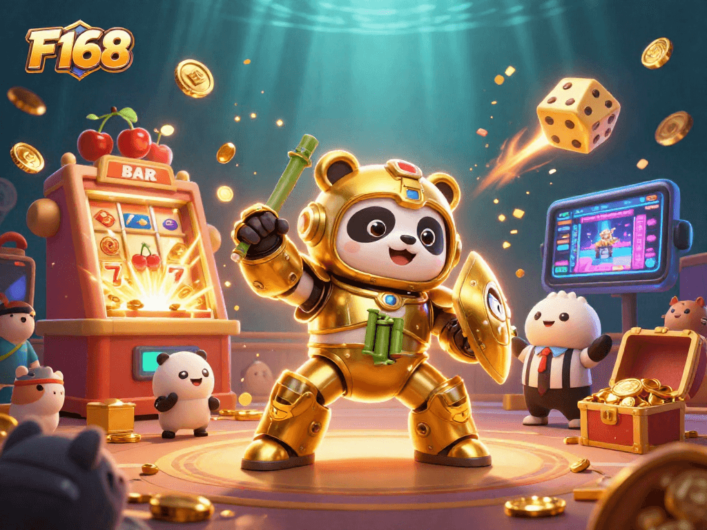 Experience excitement with F168's dynamic casino scene featuring vibrant characters and game elements.