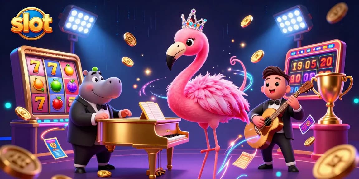 Slot yang menarik dengan penyanyi flamingo dan pemain hippo di kasino.