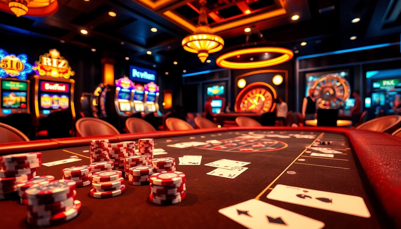 Excited players engage at a luxury casino table with PXJ-themed poker chips and cards.