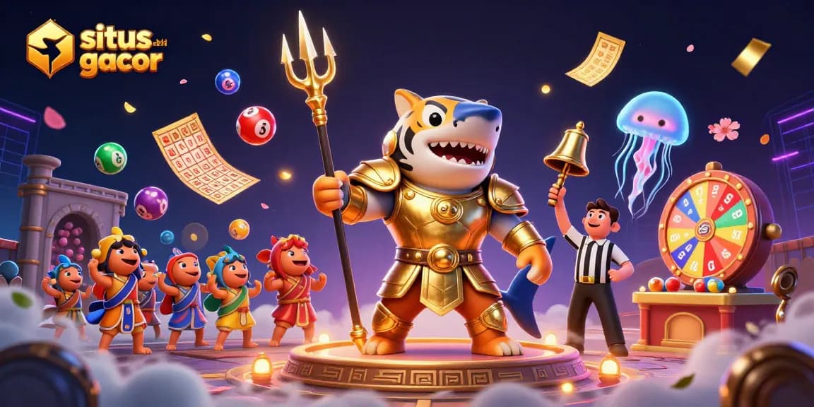 Situs slot gacor showcases a dynamic underwater colosseum with a shark, fish, and dynamic gaming elements.