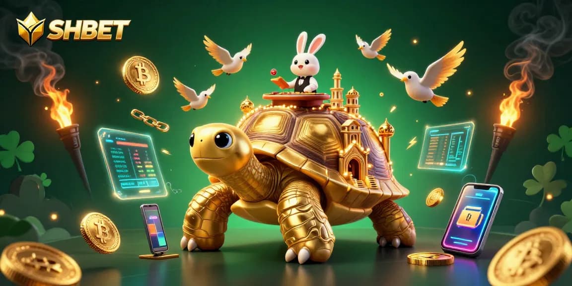 Engage with SHBET at an enchanting 3D casino scene featuring a giant tortoise and a rabbit dealer.