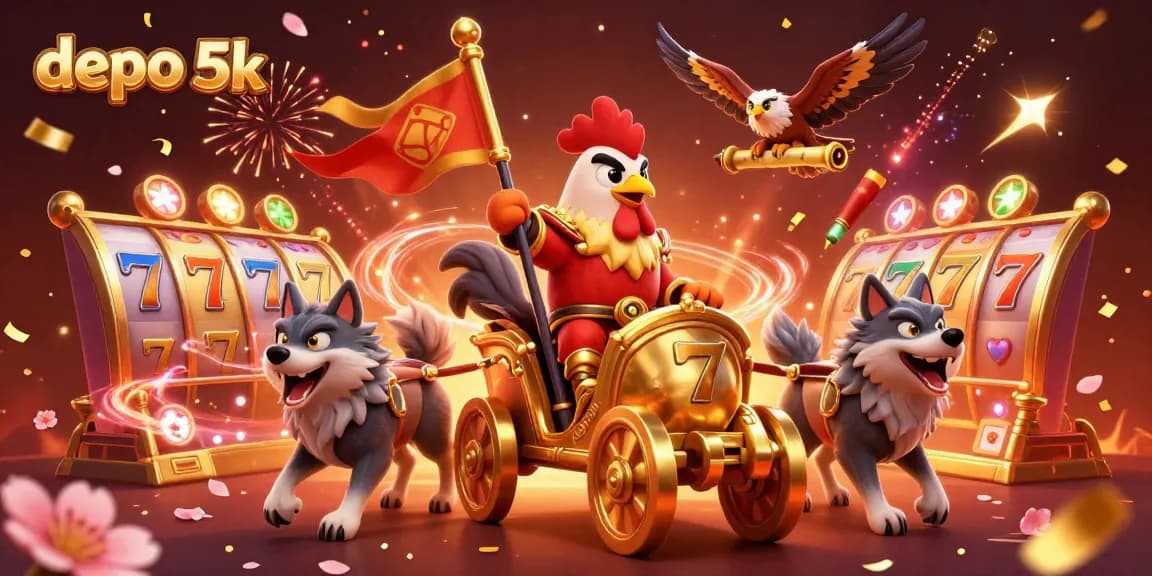 Engage with the thrilling depo 5k experience featuring a rooster warlord leading a casino adventure with slot reels and gold elements.