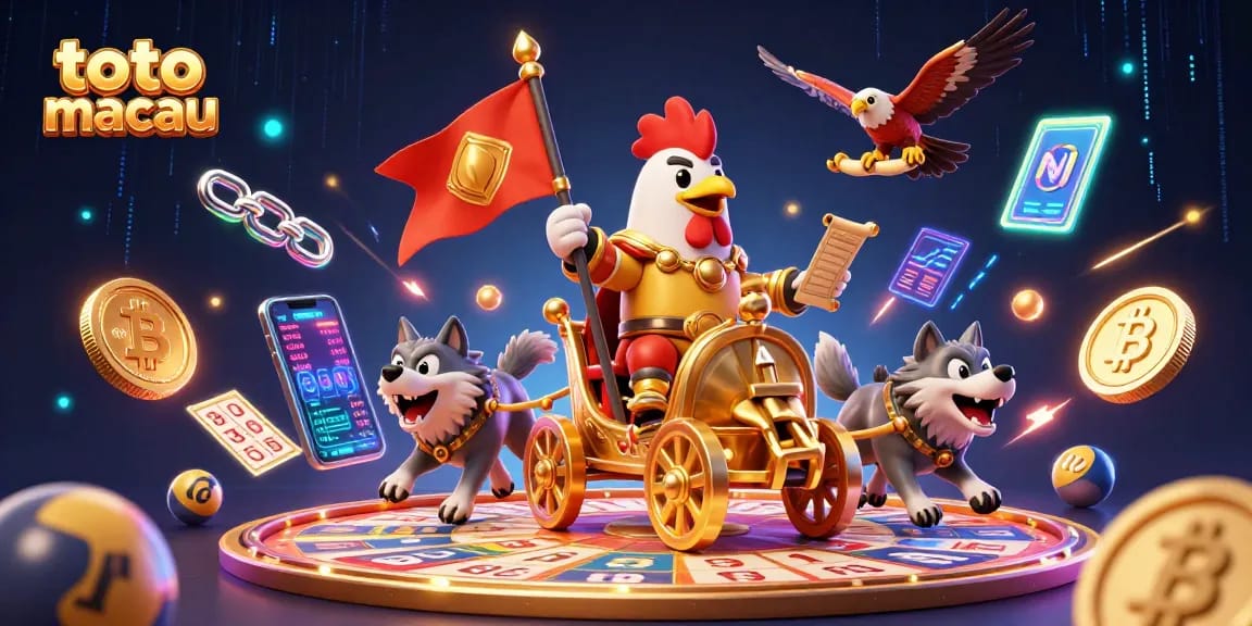 Engage with toto macau lottery excitement while witnessing a dynamic 3D scene of a rooster warlord and vibrant game elements.