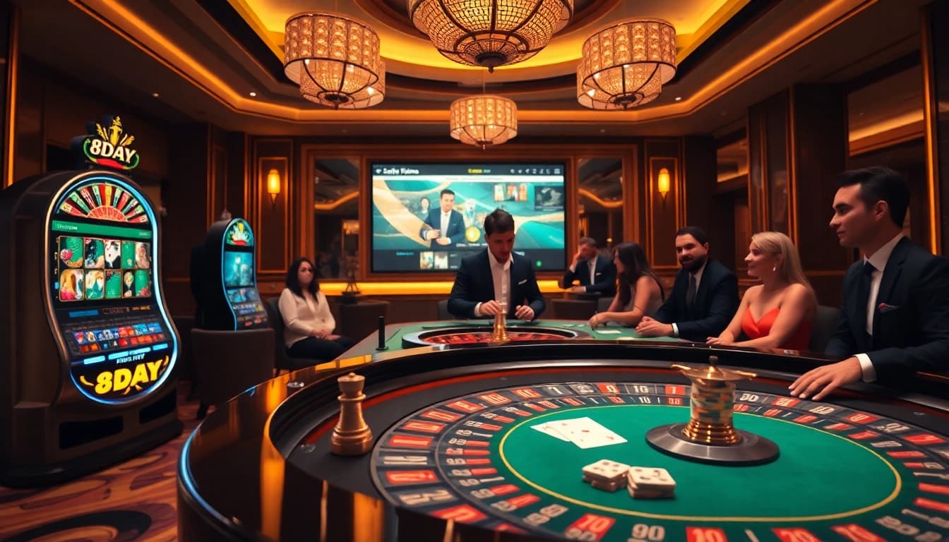 8DAY players enjoying a thrilling game at an elegant casino table, stacked poker chips visible.