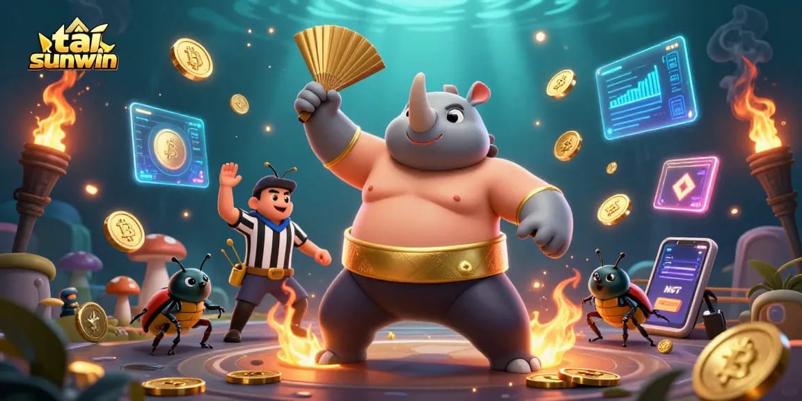 Experience thrills of tải sunwin with this vibrant 3D-rendered casino scene filled with lively characters and crypto elements.