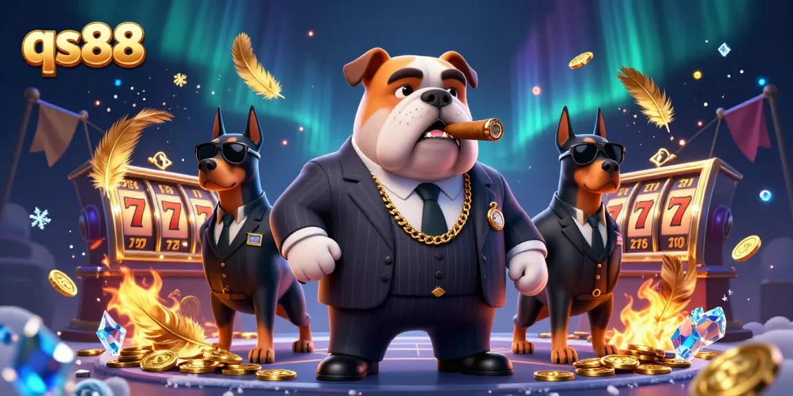 Engaging action at qs88 casino with mafia boss and bodyguards amidst vibrant slot reels and gold tokens.