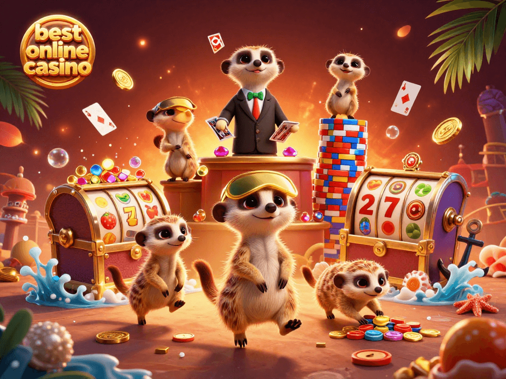 Experience the thrill of the best online casino with playful meerkats spinning slot reels in a vibrant scene.