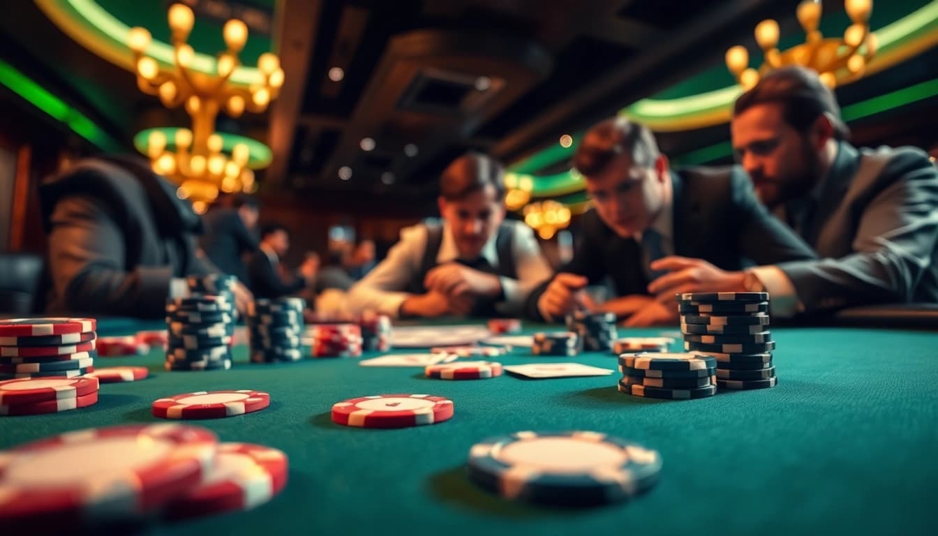 Main poker88 permainan di kasino dengan pemain yang terlibat dalam aksi intens.
