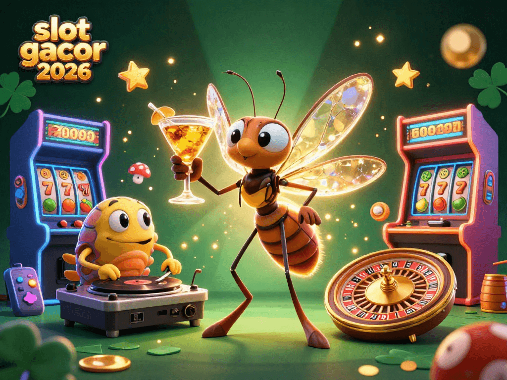 Experience thrilling wins on slot gacor 2026 with a vibrant casino scene filled with engaging characters and gaming elements.