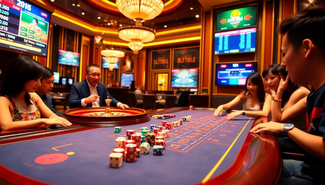 Players enjoying the Tài Xỉu MD5 game at https://taixiumd5.fan/ with vibrant dice and poker chips.