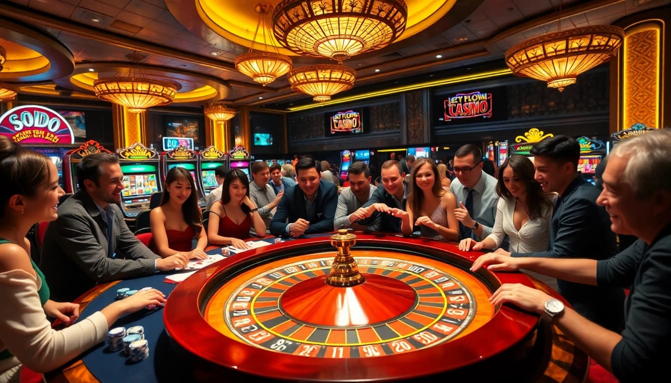 SODO casino scene featuring engaged players at luxury gaming tables, surrounded by vibrant slot machines.