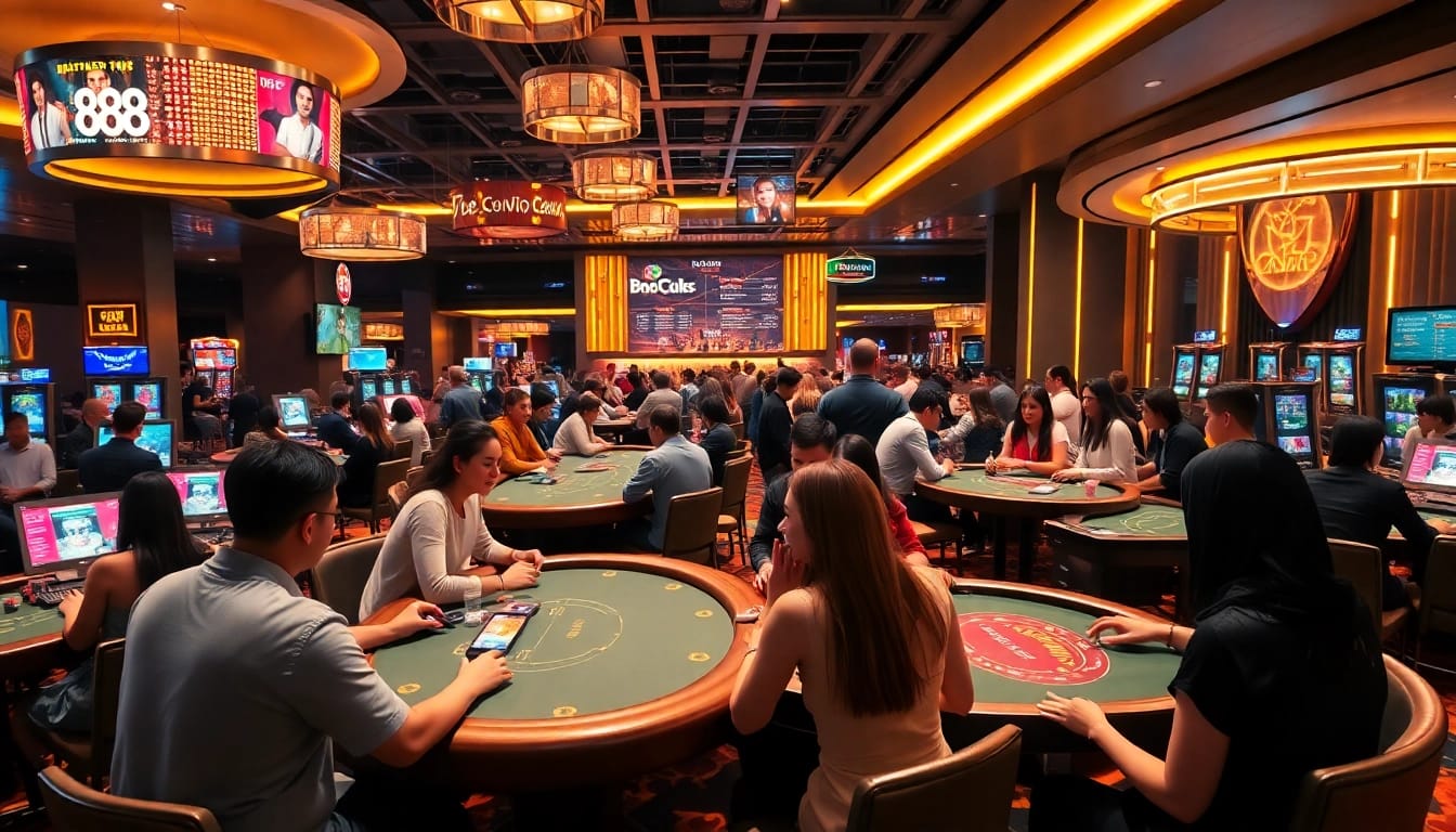 Vibrant casino scene depicting players at 88clb engaged in gaming, showcasing excitement and community.