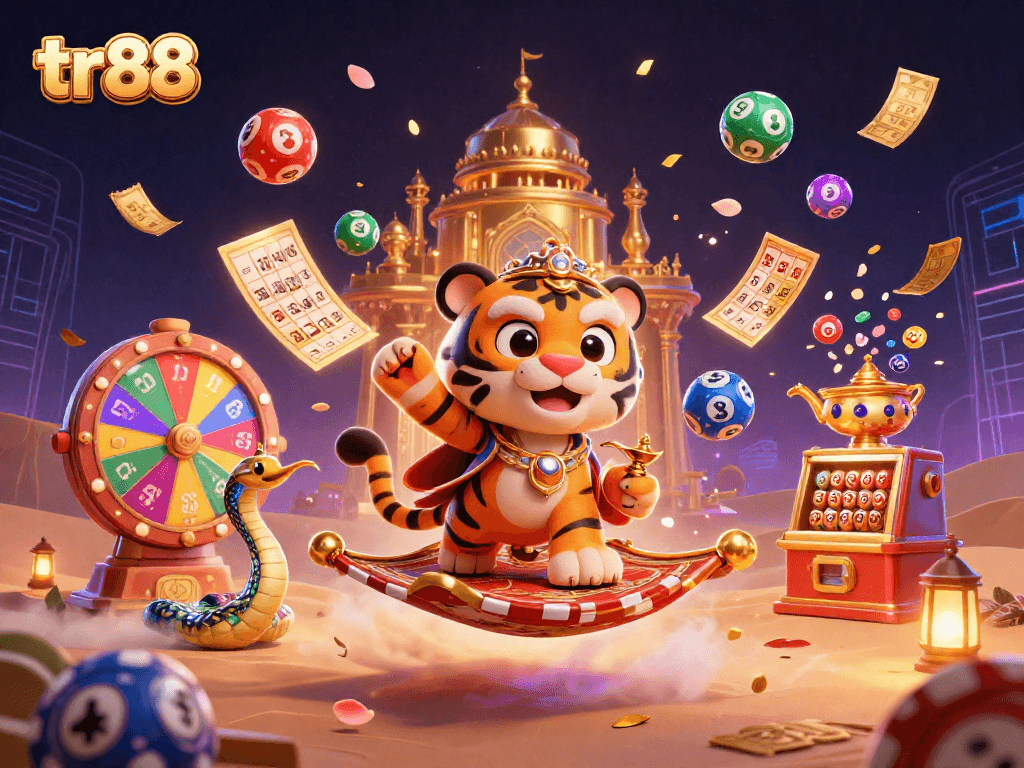Join the excitement at tr88 with lively online gaming action featuring vibrant lottery elements and a magical backdrop.