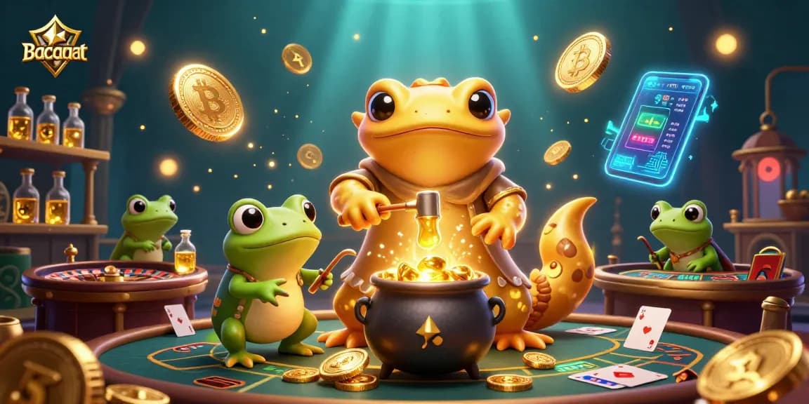 Baccarat scene showcasing a lively casino atmosphere with golden alchemist and frog amidst gaming elements.