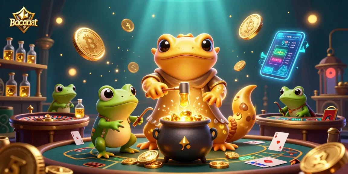 Baccarat scene showcasing a lively casino atmosphere with golden alchemist and frog amidst gaming elements.