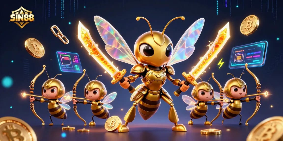 SIN88 showcases a dynamic casino scene with a golden hornet and bee archers among crypto elements.