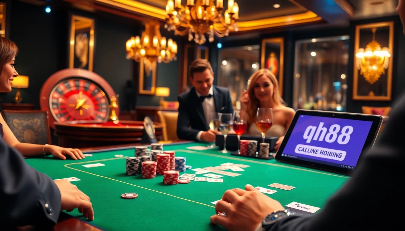 Players engaged in an exciting poker game at qh88 casino, showcasing strategy and thrilling moments.