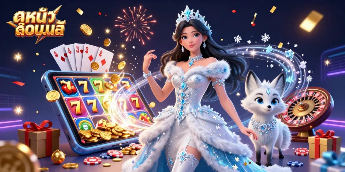 Spin the reels in excitement with ดูหนังออนไลน์ featuring stunning digital art of an ice queen and a fox.