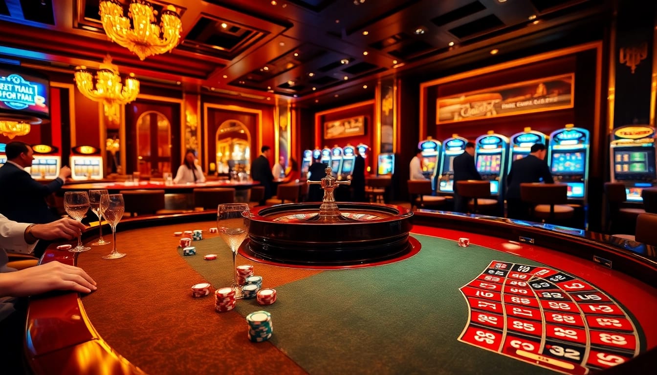 Experience the thrill of winning at https://luckywin.fan/ with a vibrant casino scene featuring roulette and poker tables.