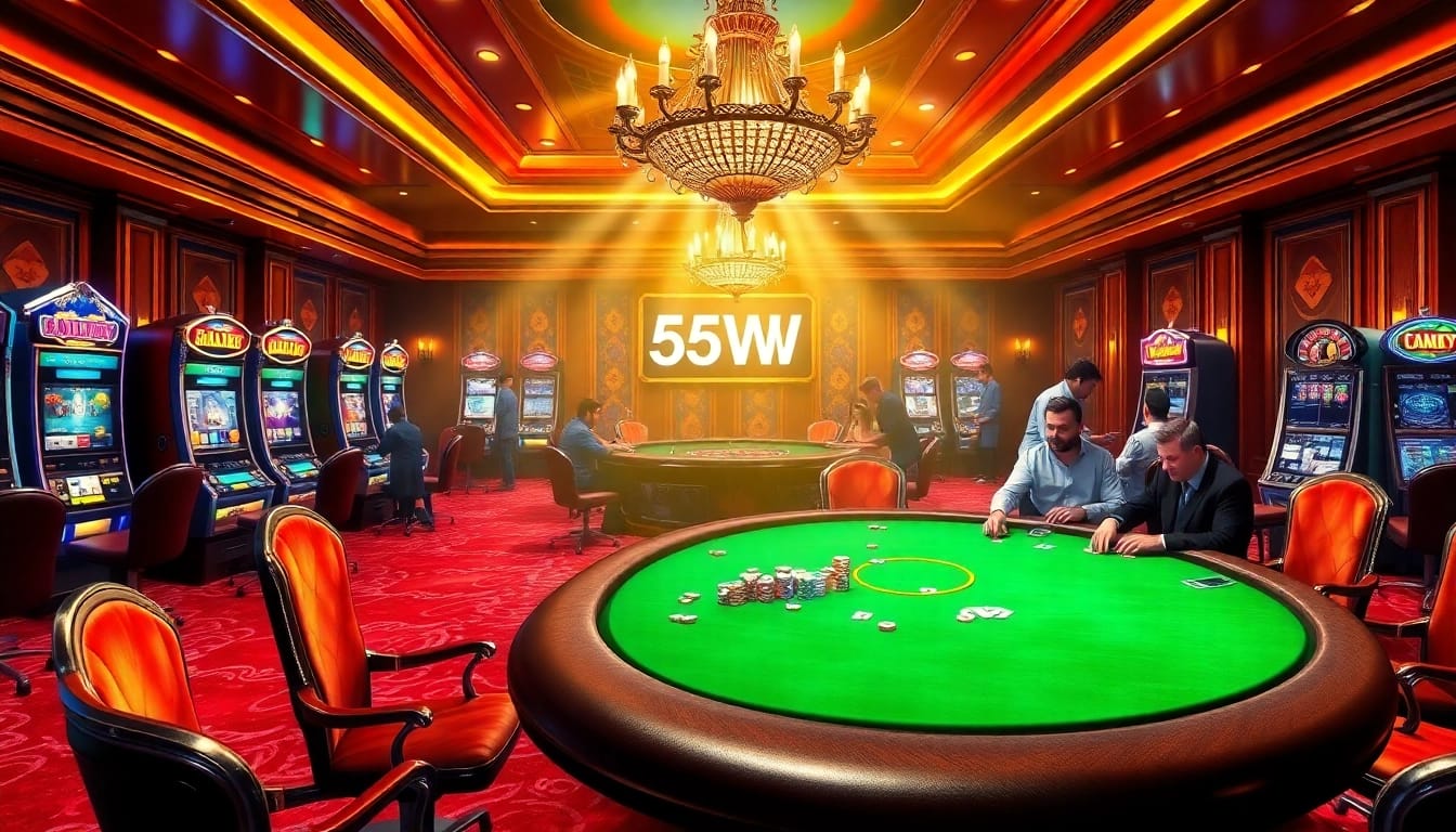Experience the thrill of gambling with 55WW as players engage with high-stakes poker at a luxurious casino table.