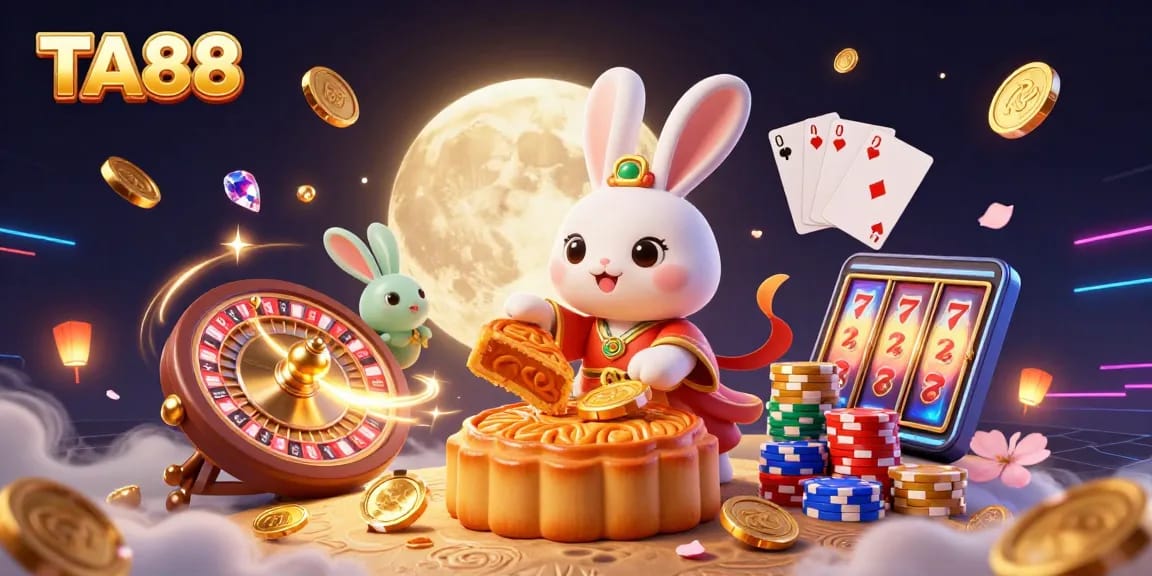 Experience the excitement of TA88 with a vibrant 3D casino scene featuring moon rabbits and rich gaming elements.