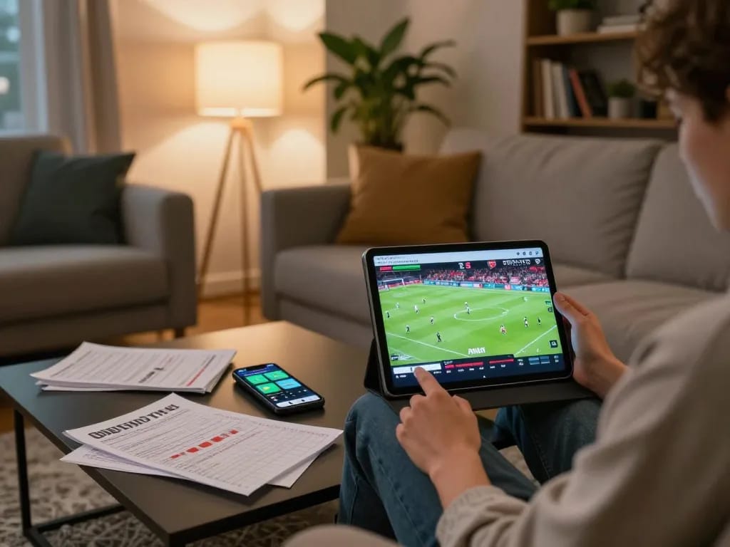Soi kèo Arsenal betting on a tablet in a cozy living room setting