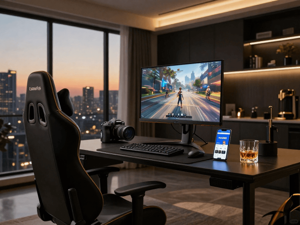 rokok88 premium gaming setup featuring sophisticated black aesthetics and city skyline views