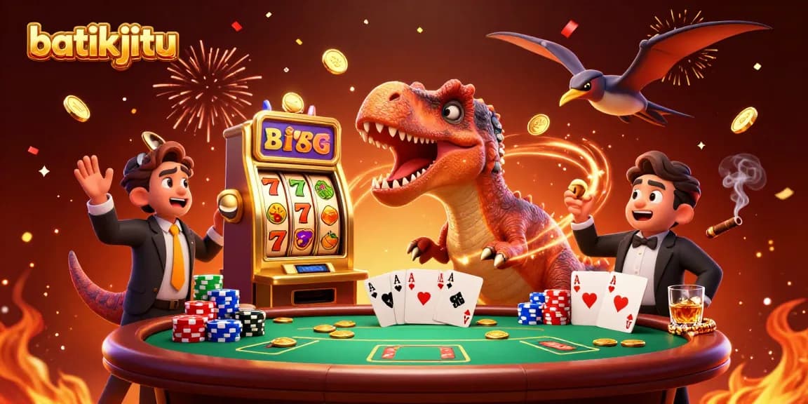 Batikjitu menampilkan dinosaurus 3D bermain mesin slot emas, menjatuhkan koin kemenangan.