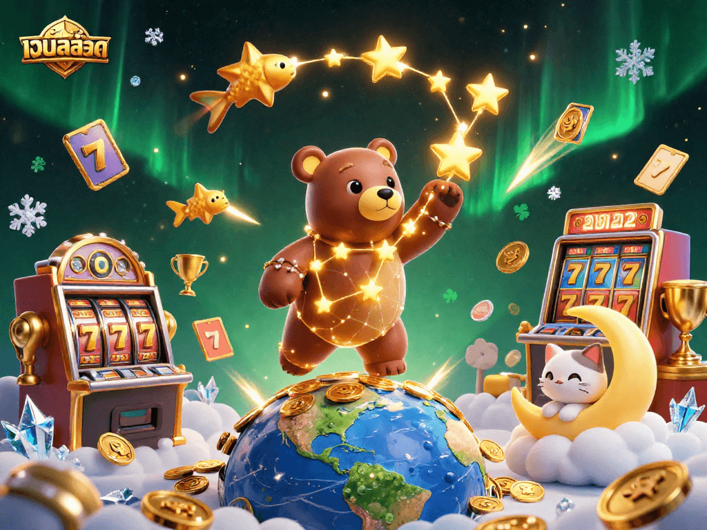 Engage with เว็บสล็อต as a golden constellation bear and a moon cat create a vibrant casino atmosphere.
