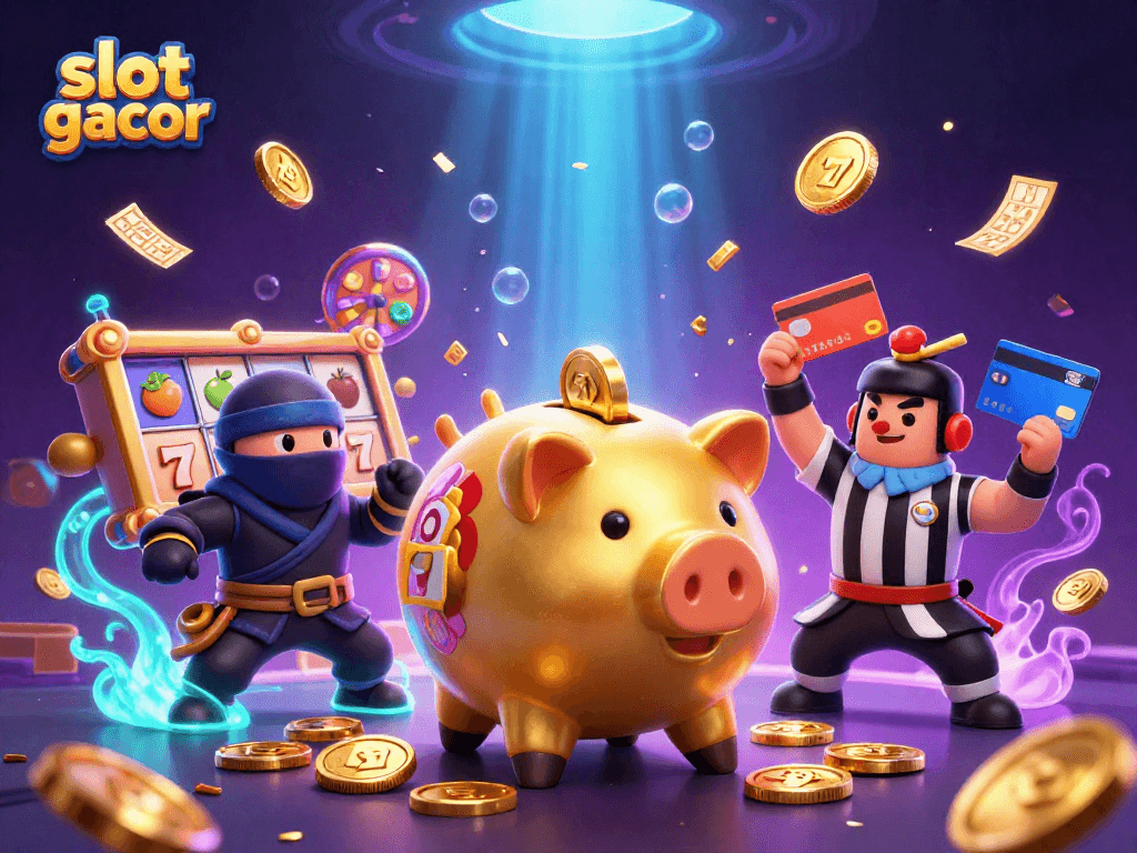 Engage with slot gacor's dynamic fun featuring a sumo wrestler piggy bank, vibrant colors and exciting game elements.