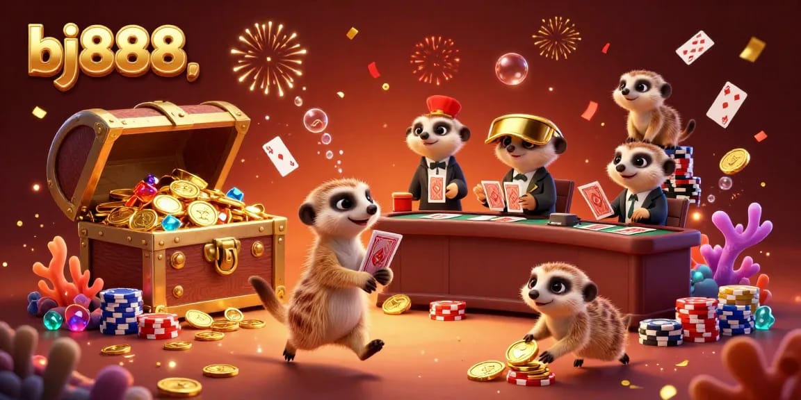 Win big at bj888 with meerkats in a vibrant casino scene showcasing high-stakes action and excitement.