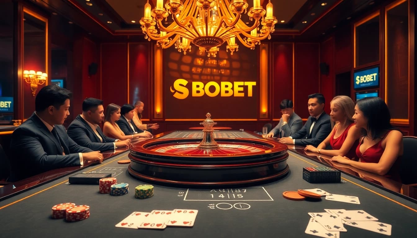 SBOBET players engaged at a luxurious roulette table in a high-end casino.